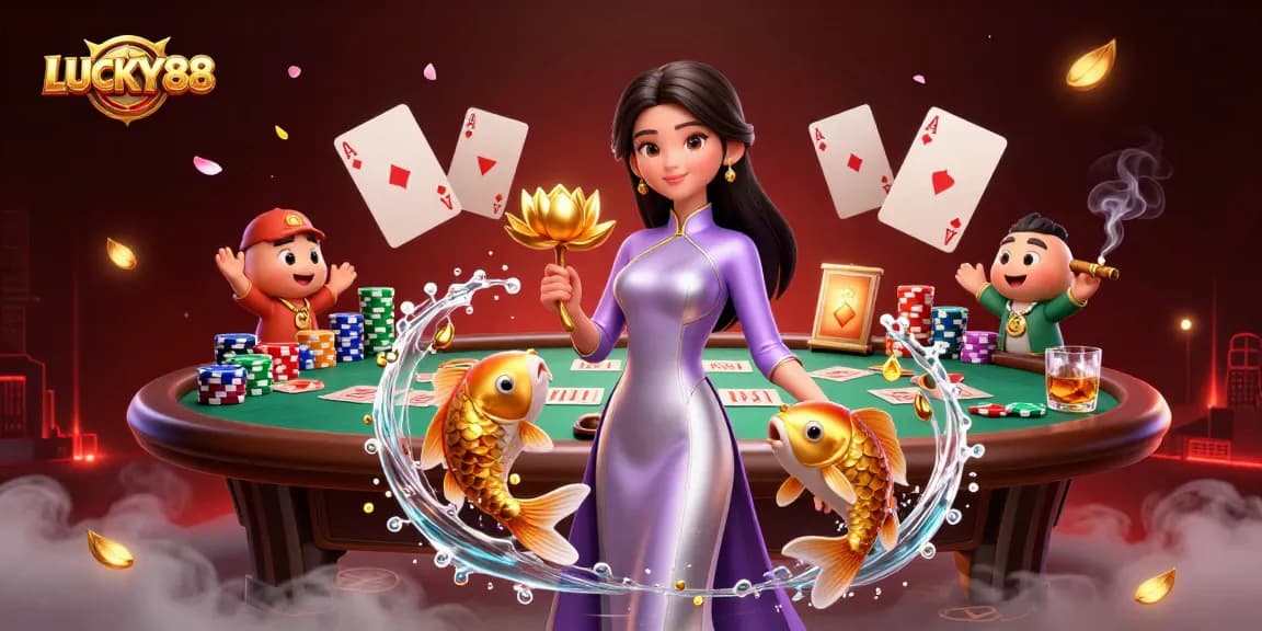 Experience the vibrant LUCKY88 world with an exciting poker scene and elegant characters.
