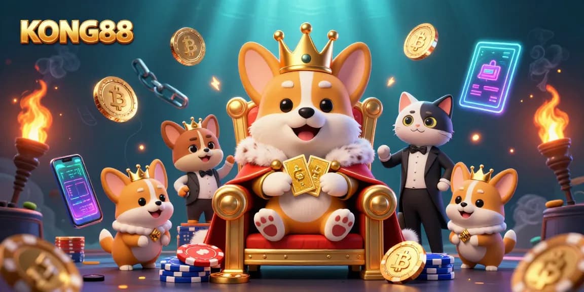 Experience KONG88 fun with a royal corgi in a casino-themed adventure surrounded by digital coins and card decks.