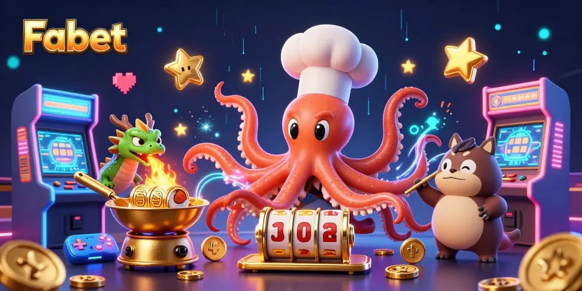 Fabet showcases a thrilling jackpot scene with vibrant characters creating golden dishes amidst colorful gaming machines.