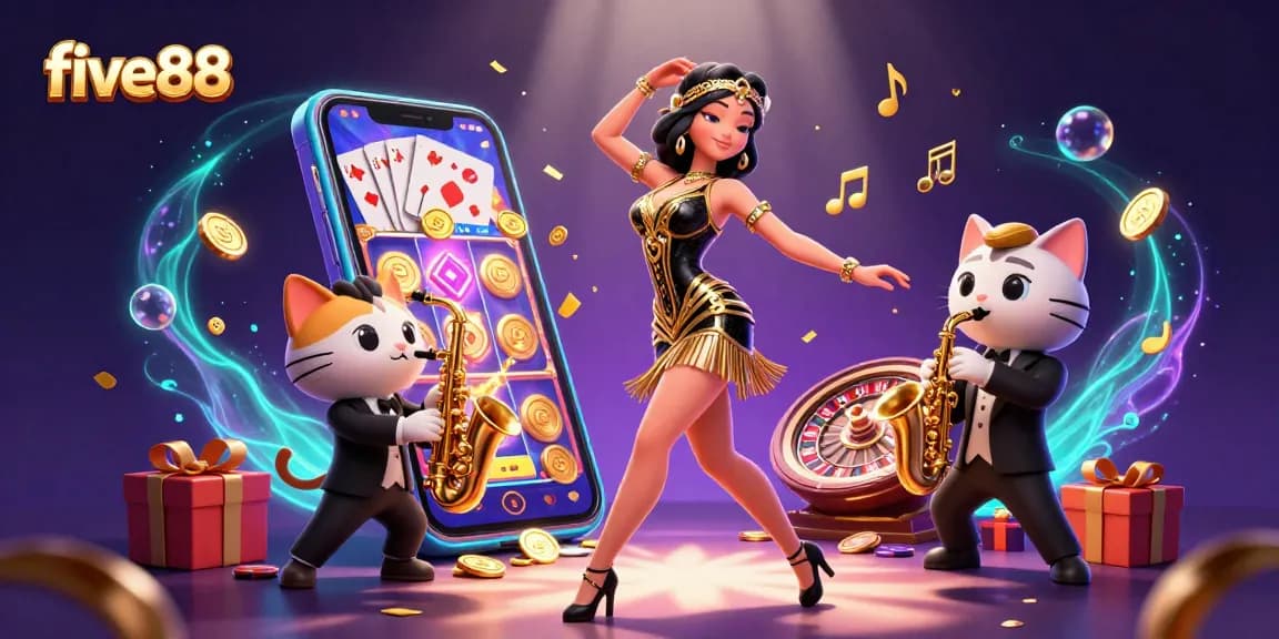 Experience exciting wins at five88 with vibrant casino graphics, golden coins, and a playful atmosphere.