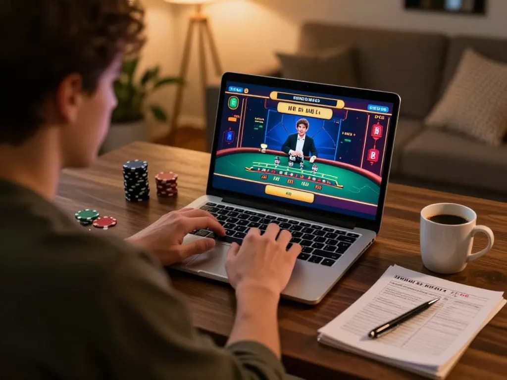vin88sa player engaging in online blackjack session with strategic notes and cozy atmosphere