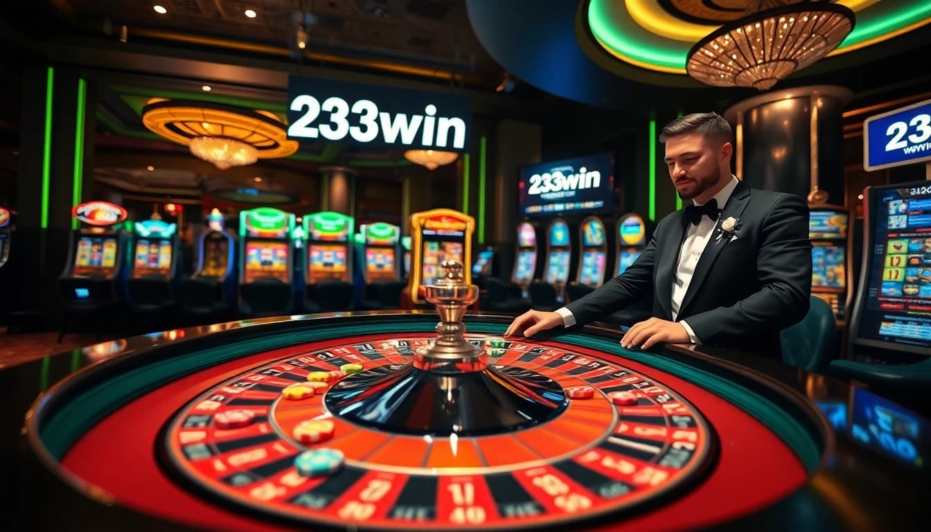 Experience the thrilling atmosphere of 23win's casino with vibrant roulette and luxurious gaming.