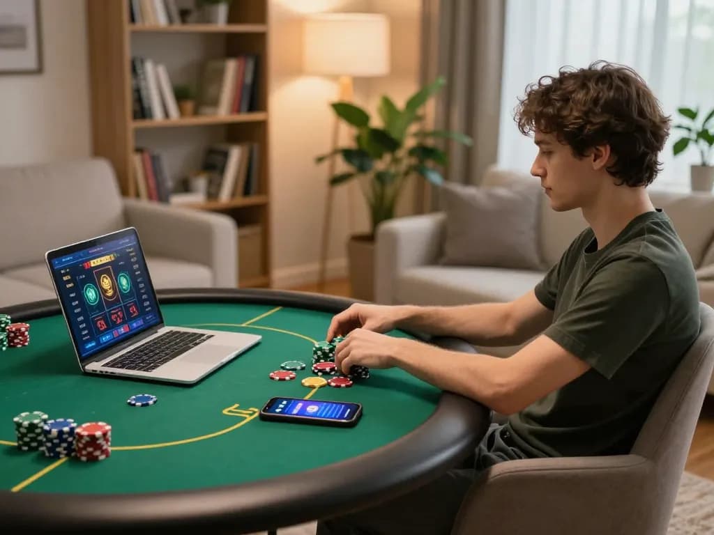 hd88 player strategizing poker on laptop in a cozy home atmosphere