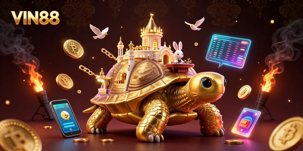 Experience VIN88 with a lavish 3D casino scene featuring dynamic characters and coin-filled ambiance.