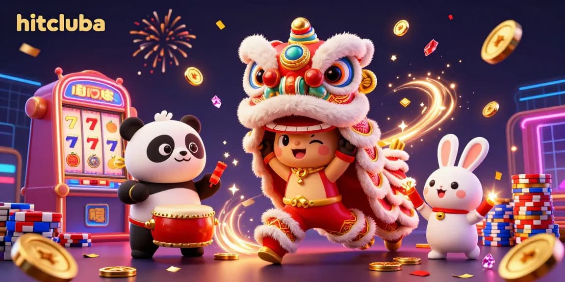 Engage with hitcluba's lively casino scene featuring a lion dance, golden coins, and vibrant slot machines.