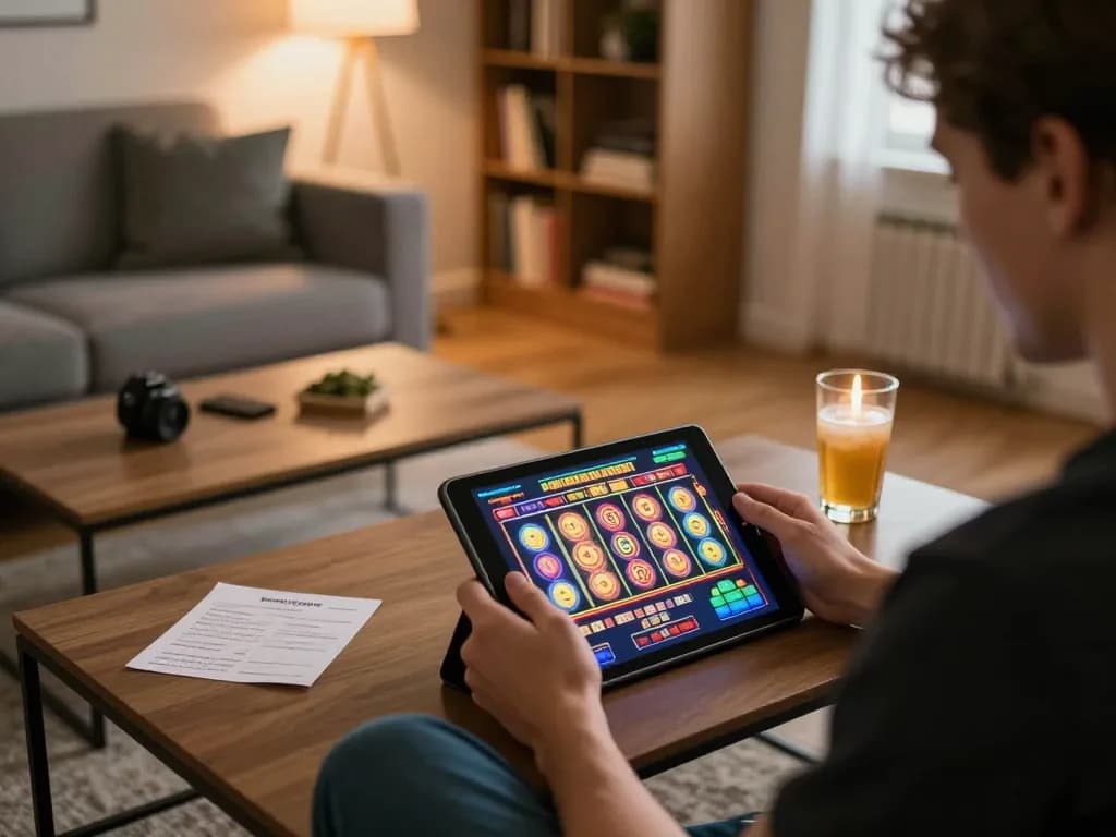 Player enjoying go8 online casino gaming on a tablet in a cozy home setting
