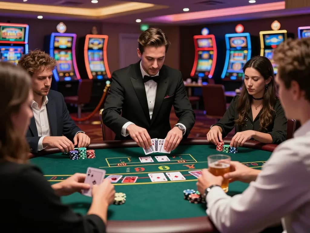 Players engaging in a blackjack game at fun79 casino, showcasing excitement and strategic betting.