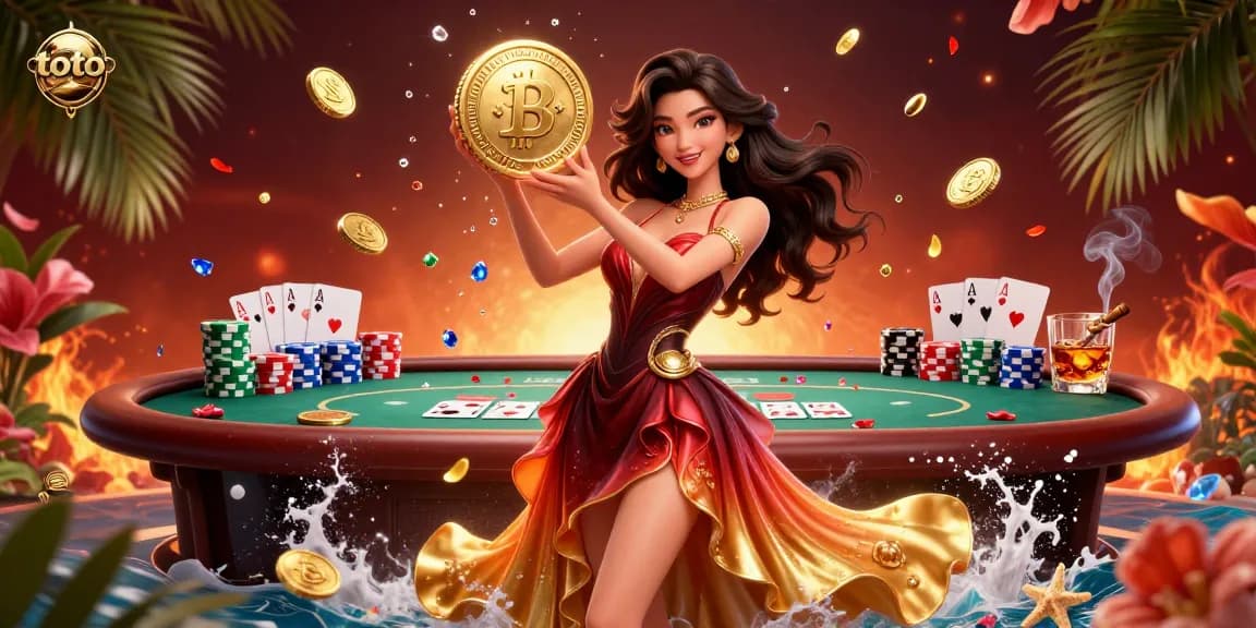 Experience stunning wins and excitement at the casino with the golden toto coin, surrounded by poker chips and cards.