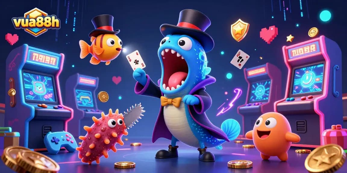 Experience thrilling magic with vua88h as deep-sea creatures perform casino card tricks under a spotlight.