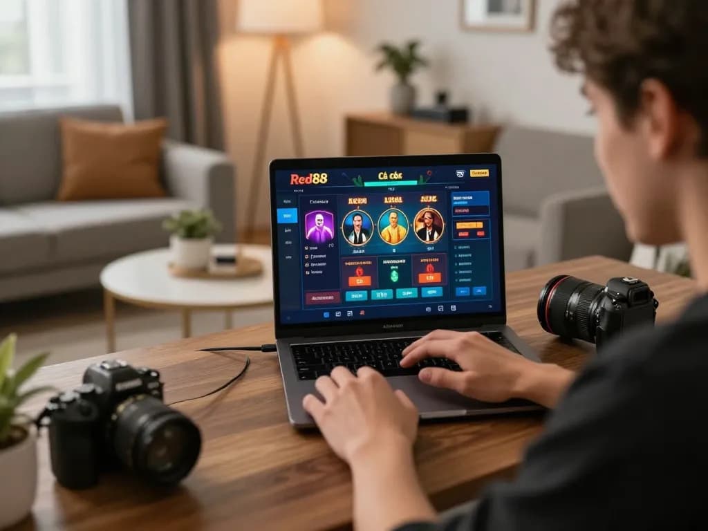 Cá cược Red88 experience at home using laptop with engaging gaming interface and cozy environment