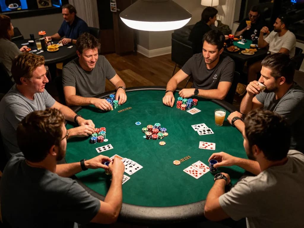 Friends enjoying a poker game night on nk88.com, showcasing strategy and friendly competition at home
