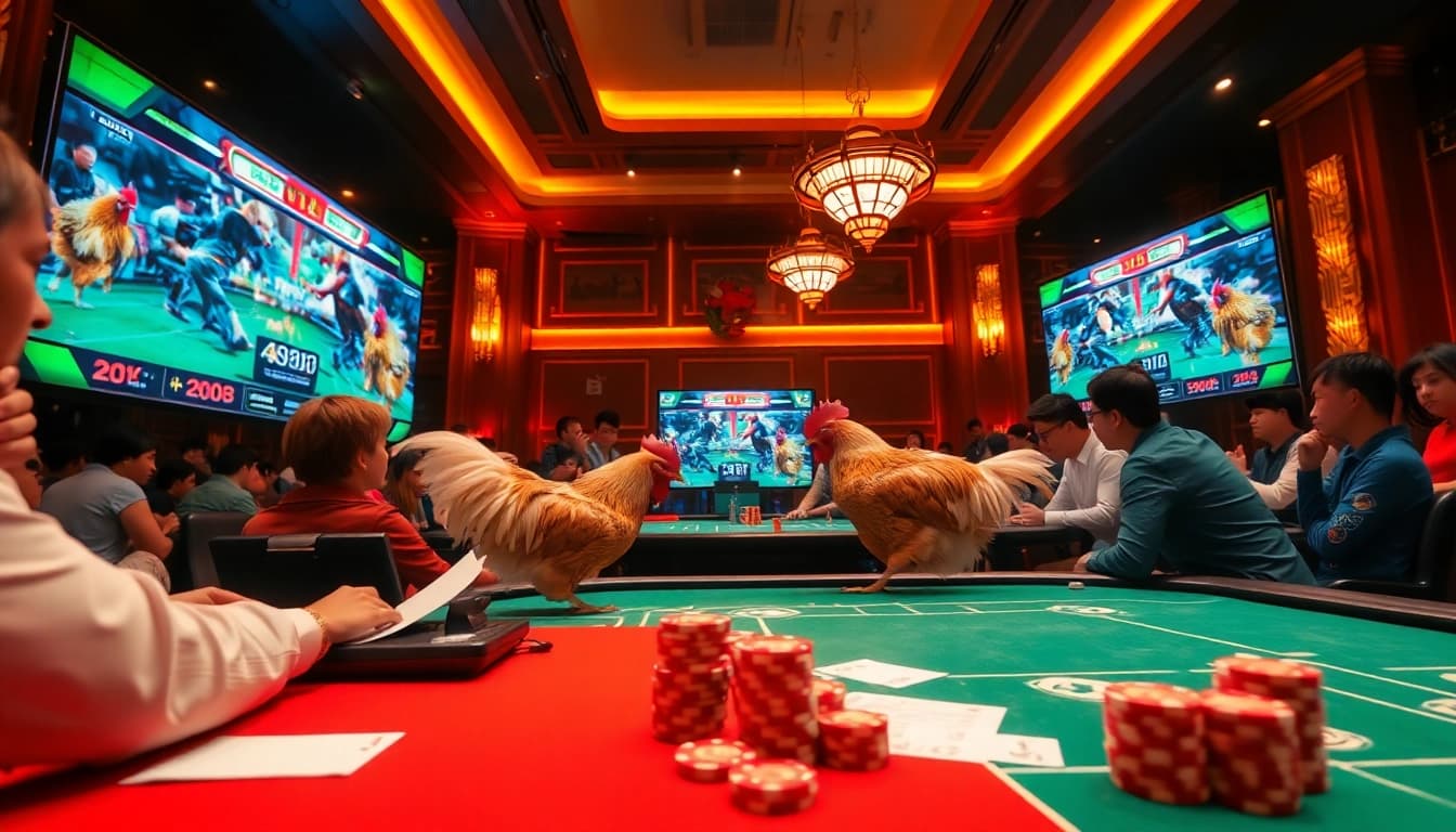 Engaging gamblers watch đá gà thomo trực tiếp with vibrant visuals in a professional online gambling setting.
