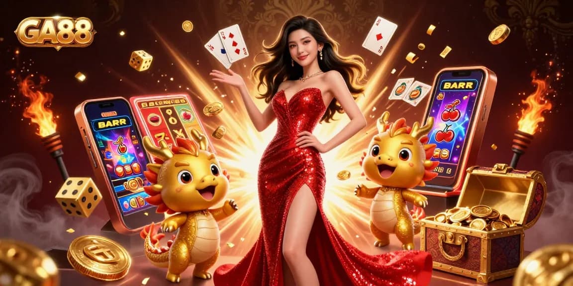 Engage in winning at GA88 with a delightful scene of a confident woman alongside dynamic casino elements.