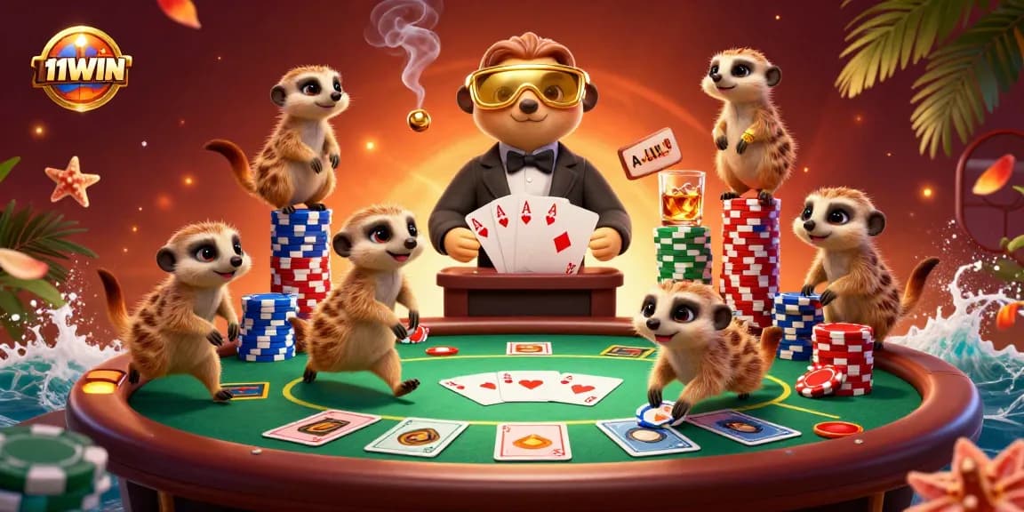 Engage with exciting 11WIN casino action featuring meerkats operating a vibrant poker scene.