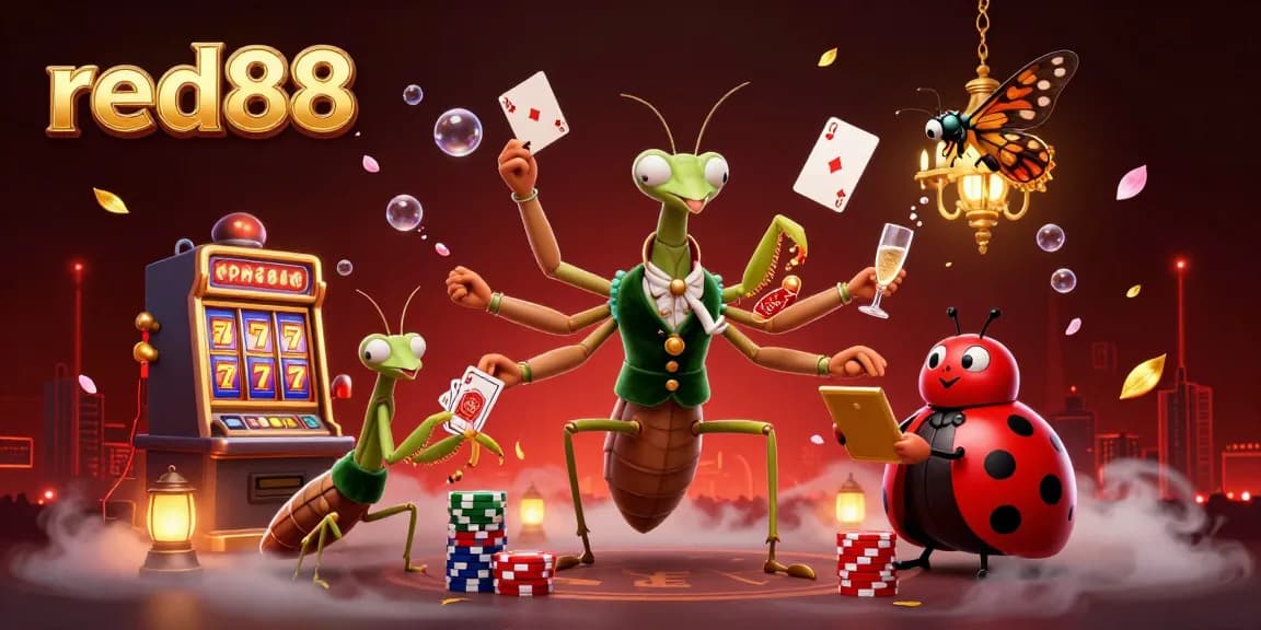 Join the excitement at red88 as our charming mantis dealer shuffles cards and pours champagne!
