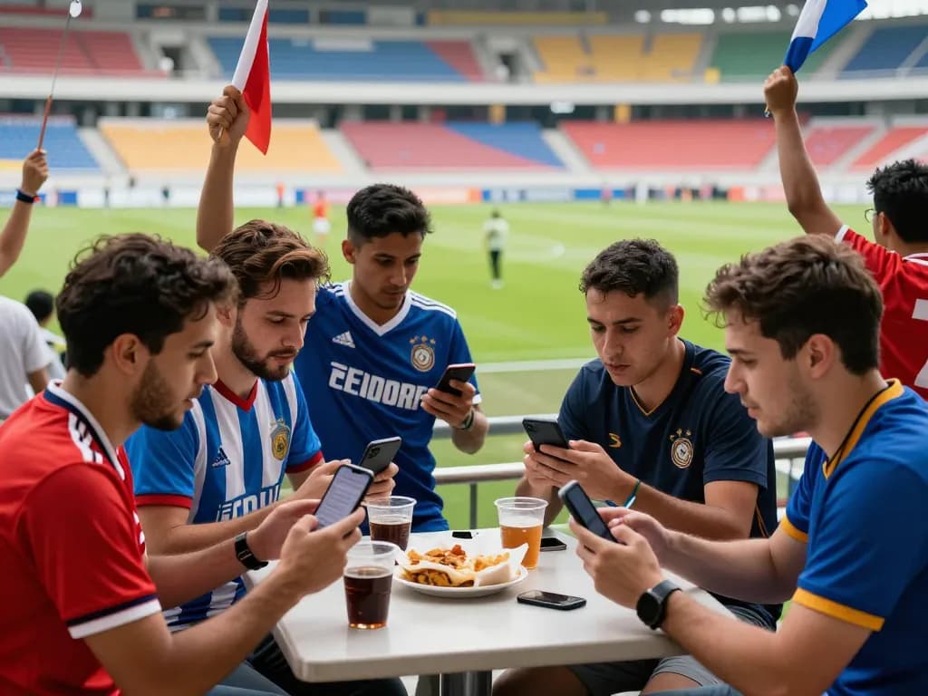 Excited fans discussing tỷ lệ kèo bóng đá during a lively soccer match, showcasing the thrill of sports betting.
