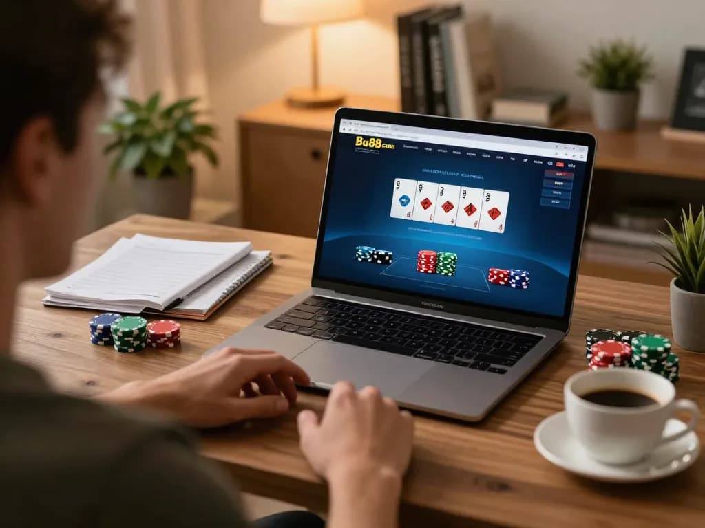 Engaging in a poker game on Bu88 com with laptop and strategic notes in a cozy atmosphere