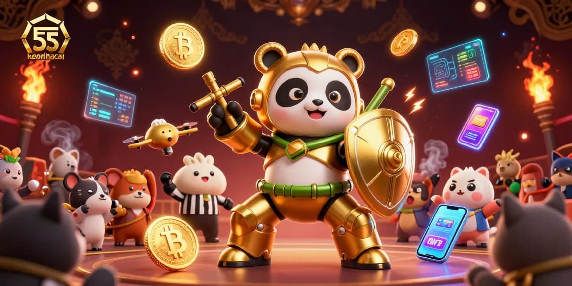 Engage with keonhacai 55 in a vibrant 3D casino landscape featuring a golden panda in action.