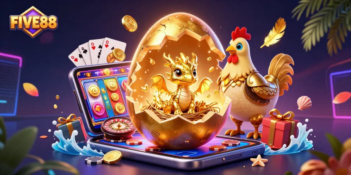 Engage with FIVE88's golden gaming world featuring a baby dragon and dynamic casino elements.