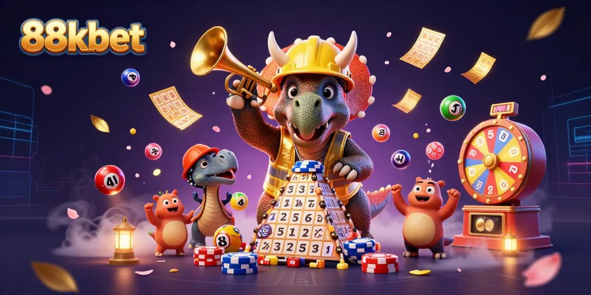 Experience thrilling fun at 88kbet while playing with vibrant lottery elements and animated characters celebrating gaming success.