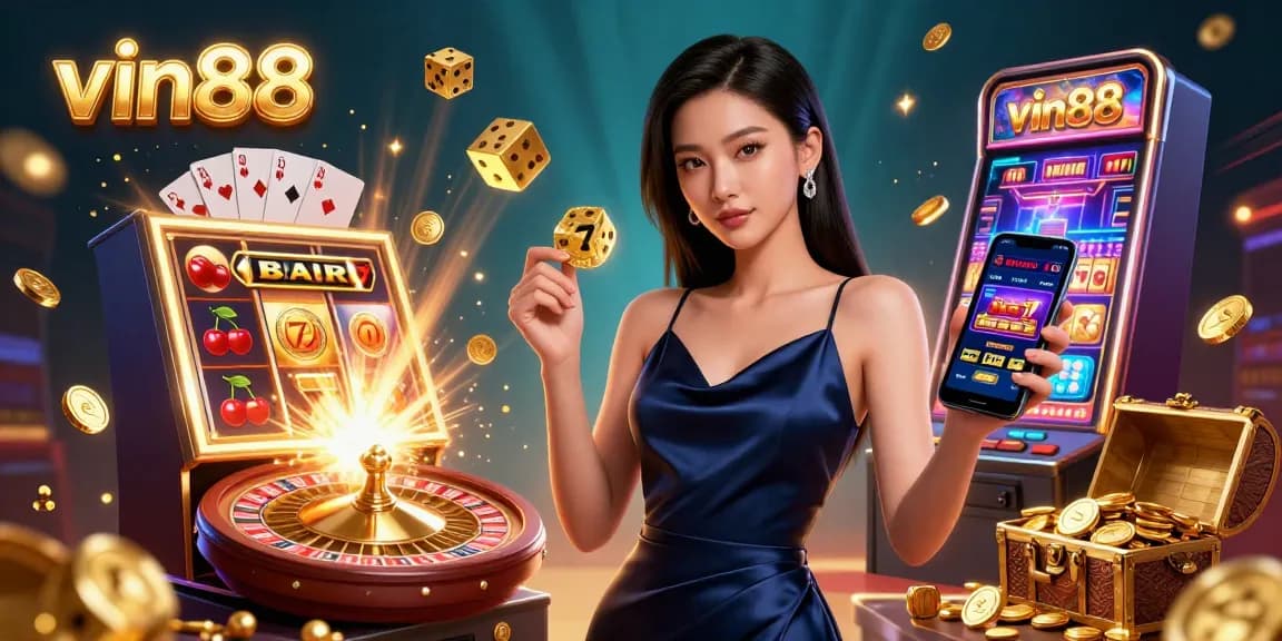 Experience thrilling gameplay at vin88 with a stunning illustration of casino action featuring vibrant colors and exciting elements.