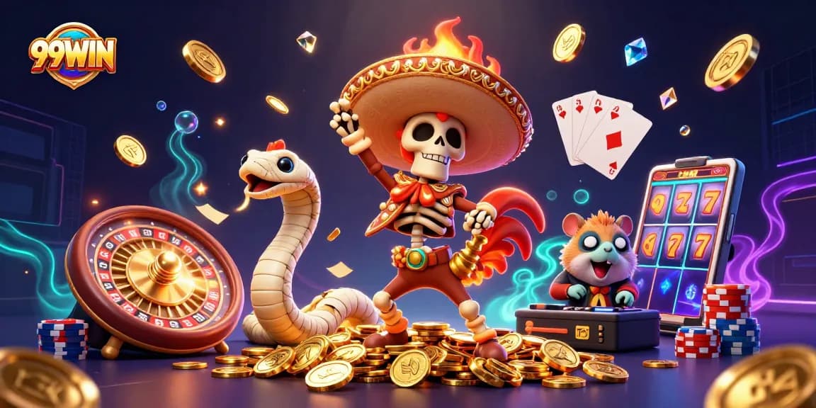 Win big at 99WIN with a thrilling casino scene showcasing vibrant characters and dynamic game elements.