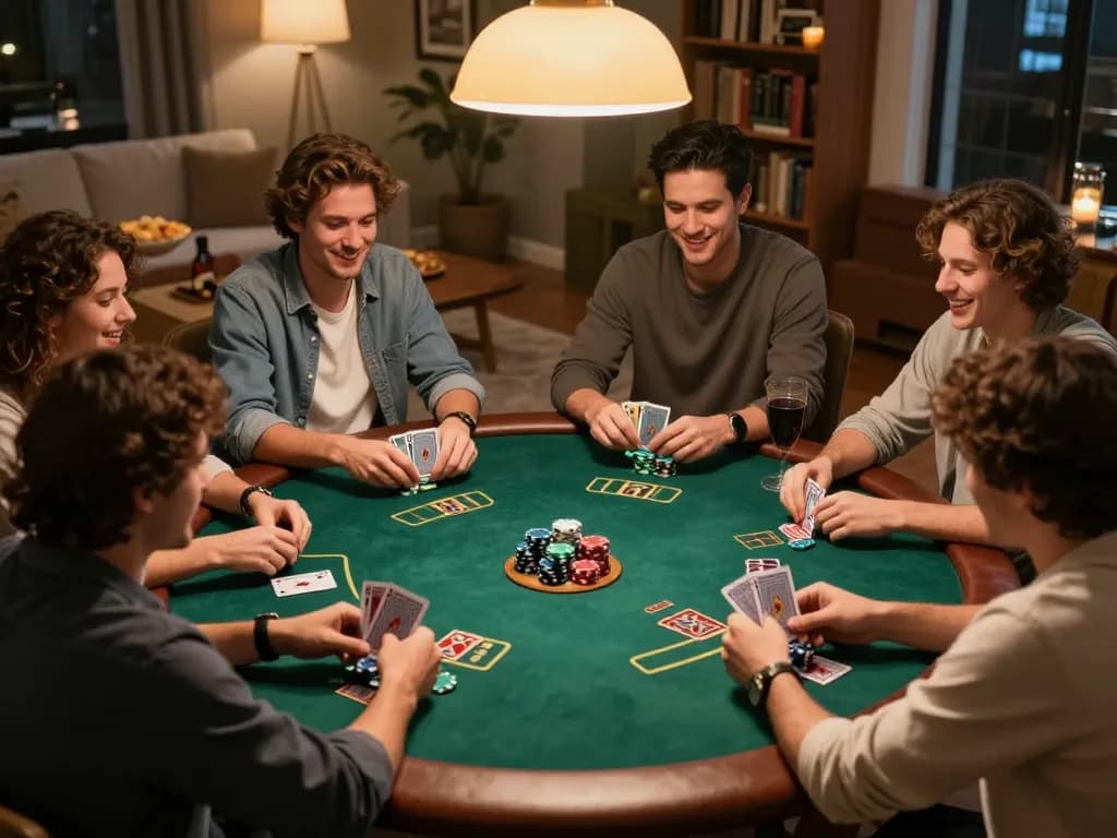 Participants enjoying a lively home poker night, showcasing competitive gameplay inspired by https://s666no1.com/ with stacked chips and engaged players.