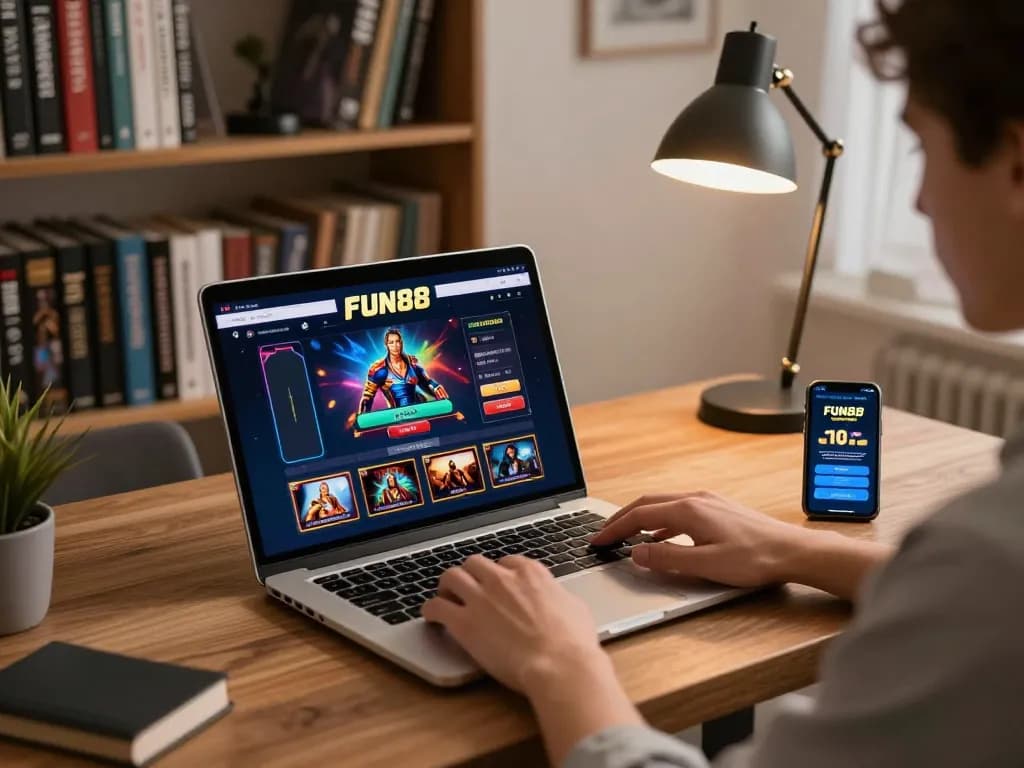 Engaged player strategizing on the FUN88 online casino interface from home setup, promoting responsible gaming.