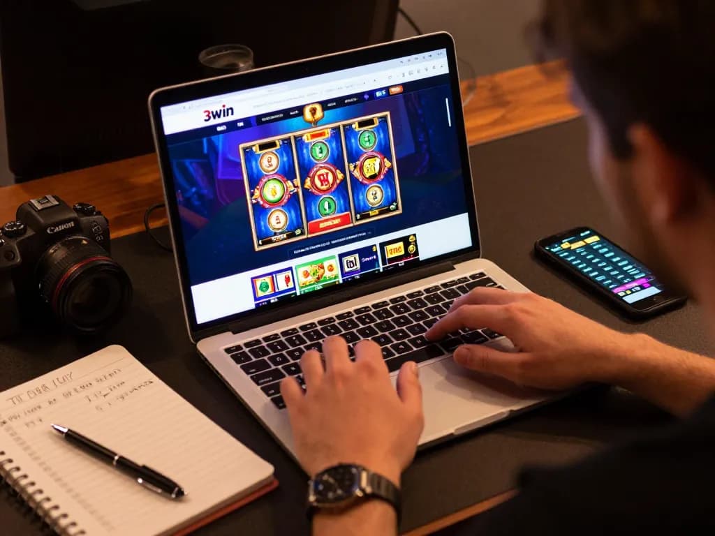 3win online gaming experience with a user navigating the casino site on a laptop, illustrating strategic betting.