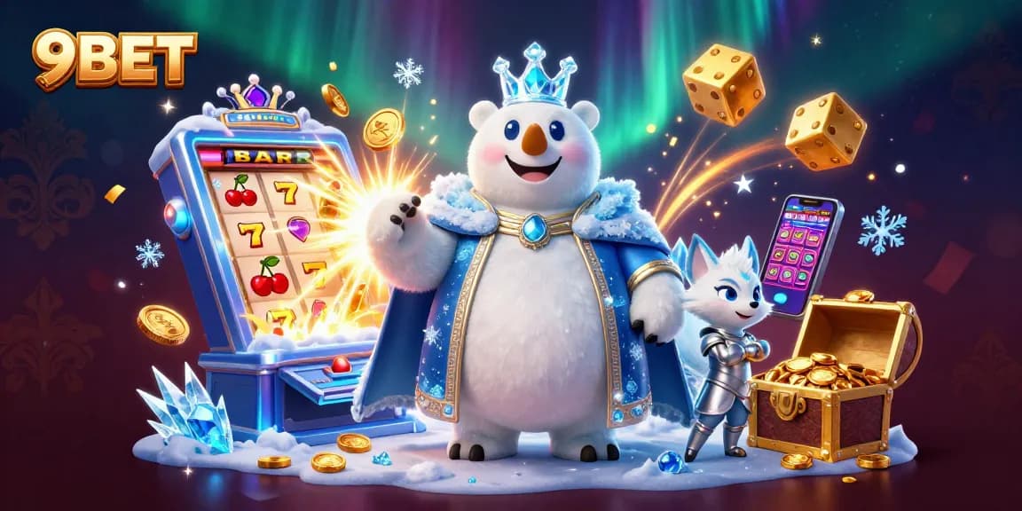 Experience the magic of 9BET with a whimsical jackpot scene showcasing a polar bear and snow fox in fantasy-inspired casino delight.