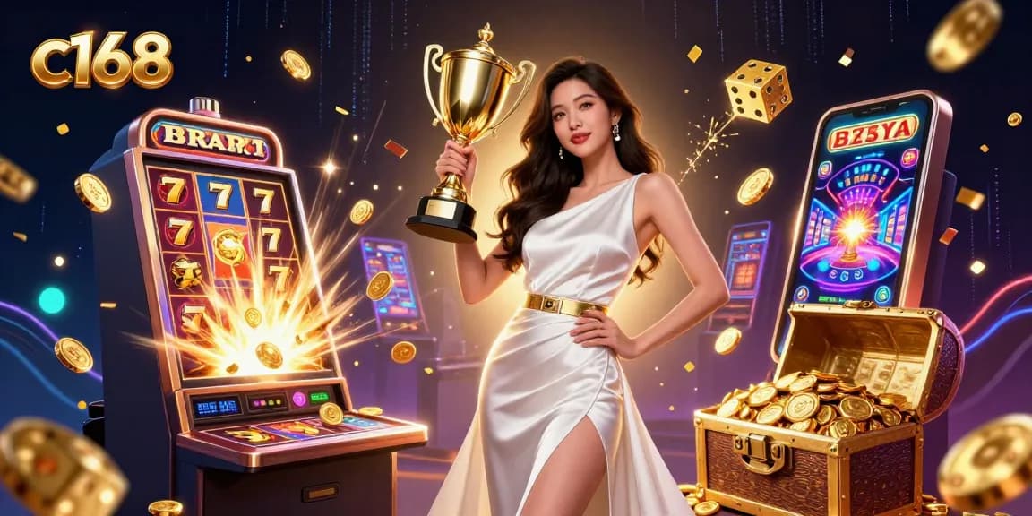 Win big with c168 in this vibrant casino scene featuring a confident Asian woman, jackpot elements, and luxurious details.