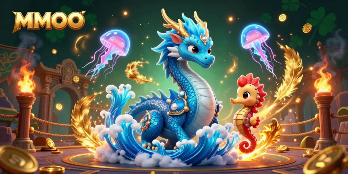 Win exciting prizes at MMOO with vibrant 3D fantasy casino illustration featuring a dragon and seahorse.