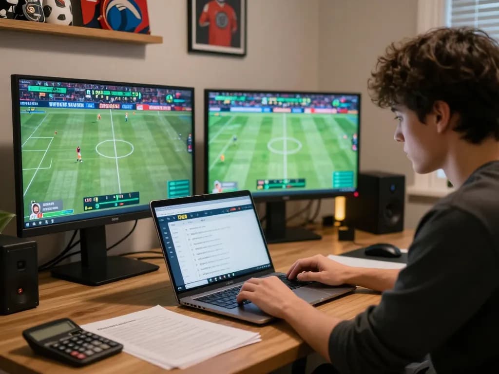 Person strategizing sports bets on tip88 platform from a stylish home office setup.