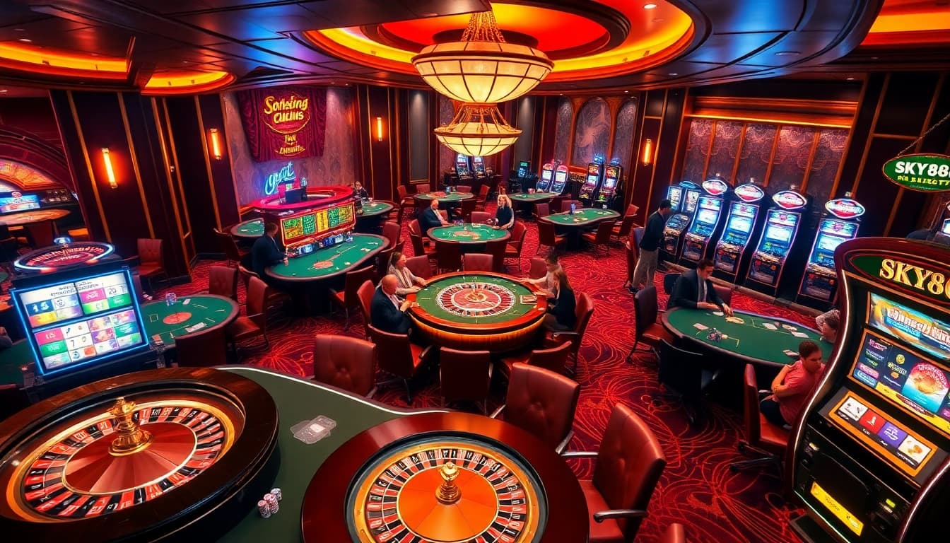Players enjoying exciting games at SKY88 Casino with vibrant tables and thrilling slot machines.