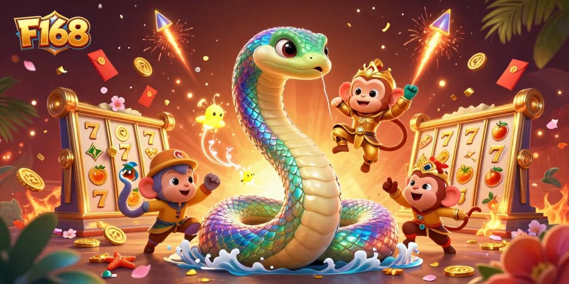 Experience thrilling gameplay with F168's colorful animation of a vibrant casino scene featuring a serpent and playful monkey.