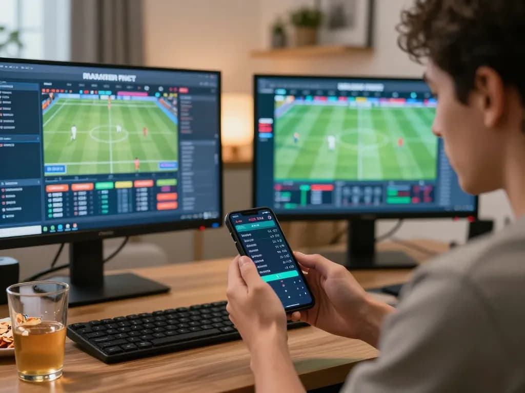 Player immersed in hitclub sports betting on smartphone, displaying live odds in a modern home office