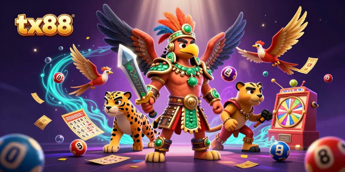 Experience vibrant gaming with tx88's dynamic 3D illustration featuring lottery and casino elements.
