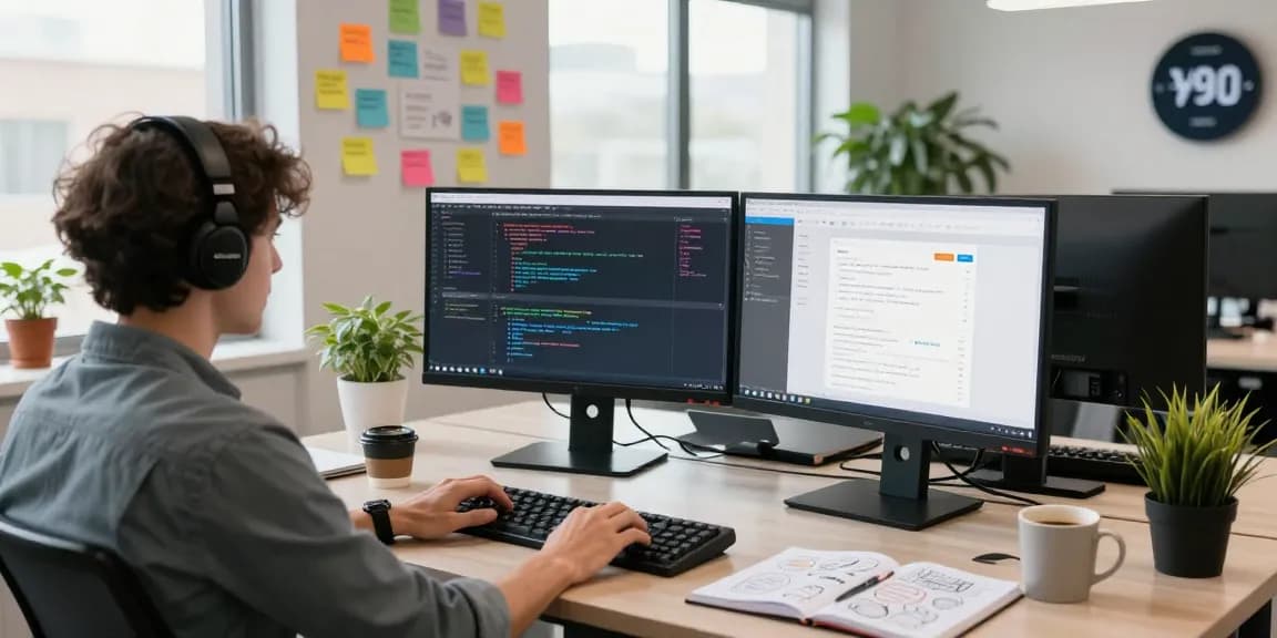 Build internal tools with AI in a vibrant developer workspace filled with coding screens and open notes.