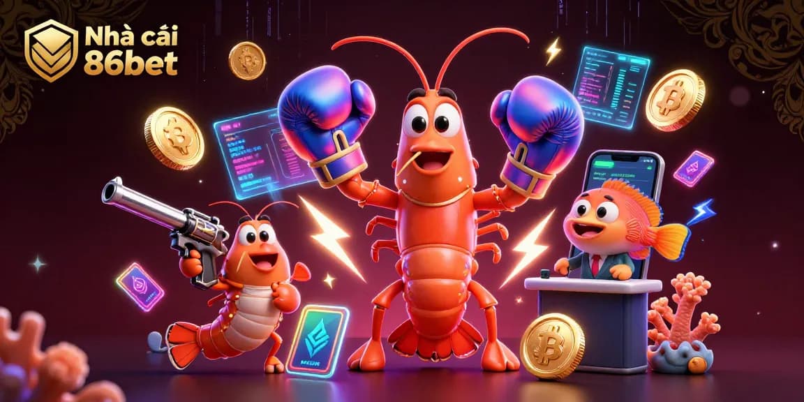Engage with the excitement at Nhà cái 86bet, showcasing vibrant 3D gaming elements, crypto coins, and dynamic casino action.