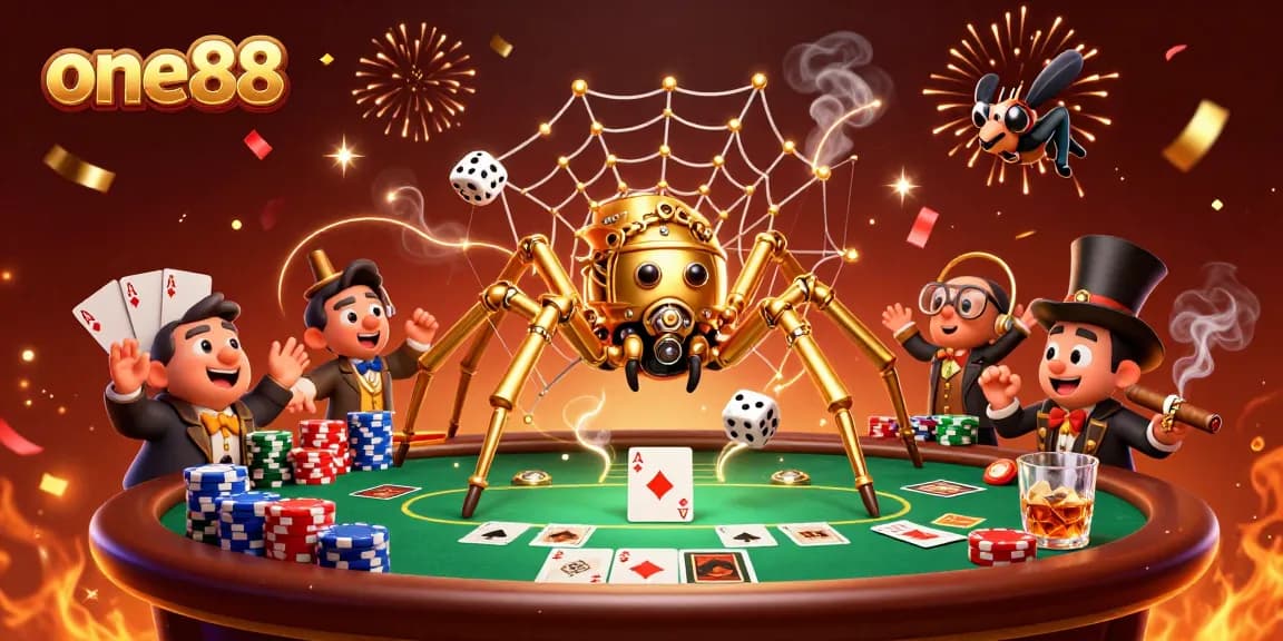 Engage with one88's lively casino atmosphere through stunning visuals of a steampunk spider and poker elements.