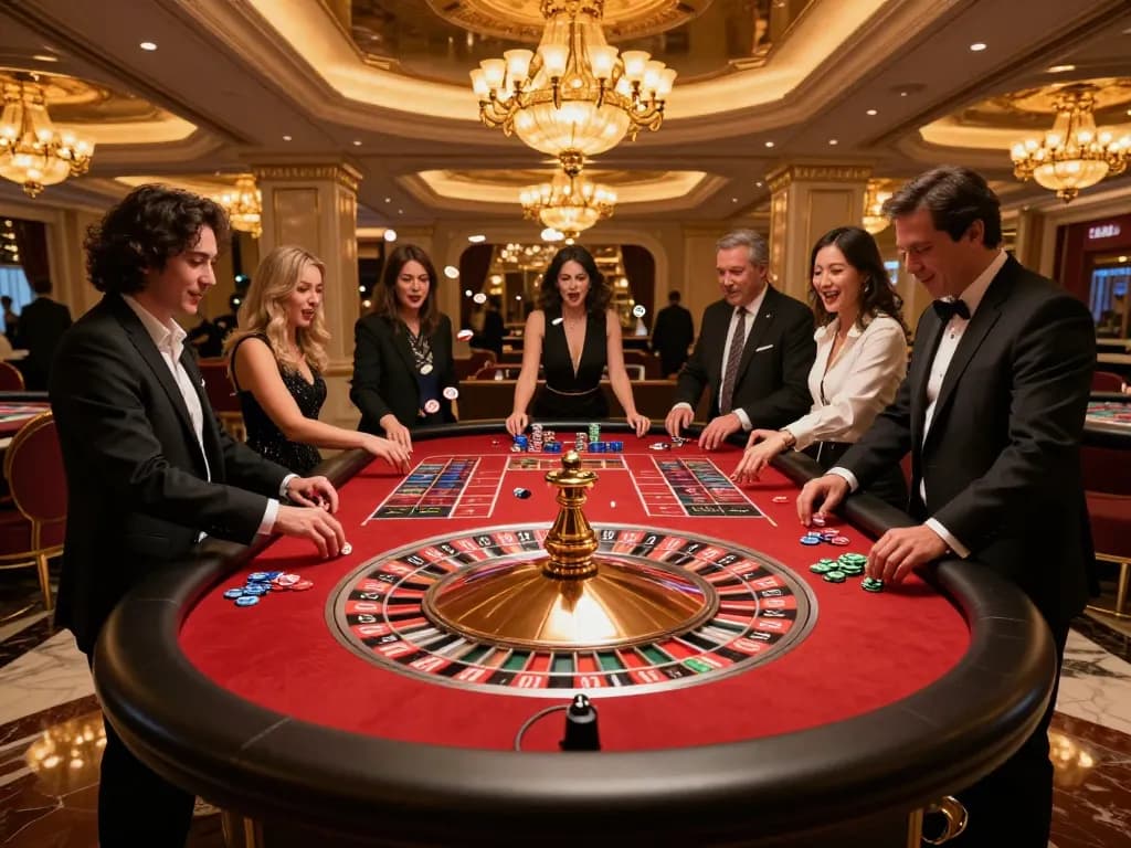 Players engaging in an exciting game of roulette at fun88's upscale casino venue, vibrant atmosphere visible