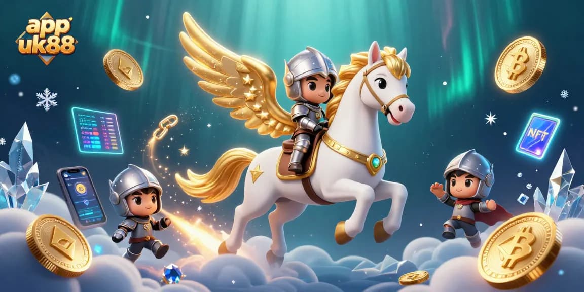 Engage with app uk88 for epic betting adventures featuring a celestial knight riding through vibrant casino coins and elements.