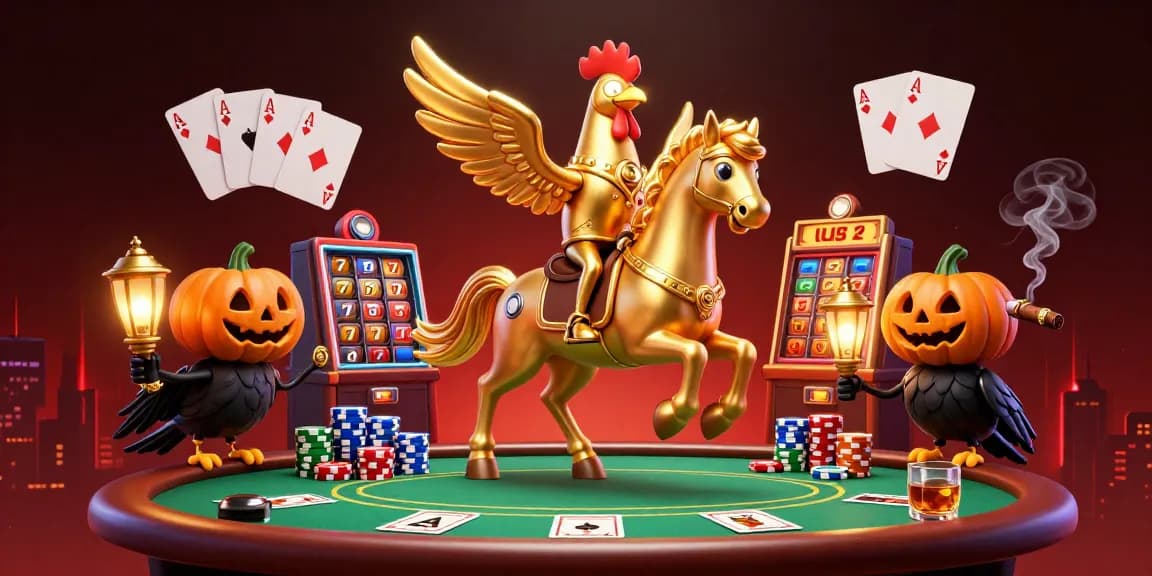 Play exciting games at online casinos zonder cruks featuring a golden rooster and poker elements in a vibrant casino scene.