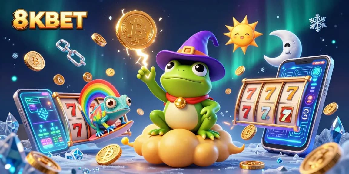 Experience the thrill of 8KBET and watch a wizard frog conjure a gold coin storm in this casino-themed scene.