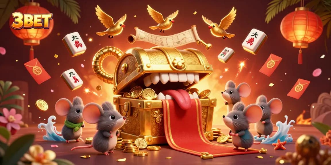 Engage with 3BET's dynamic casino scene featuring a golden treasure chest and various gaming elements.