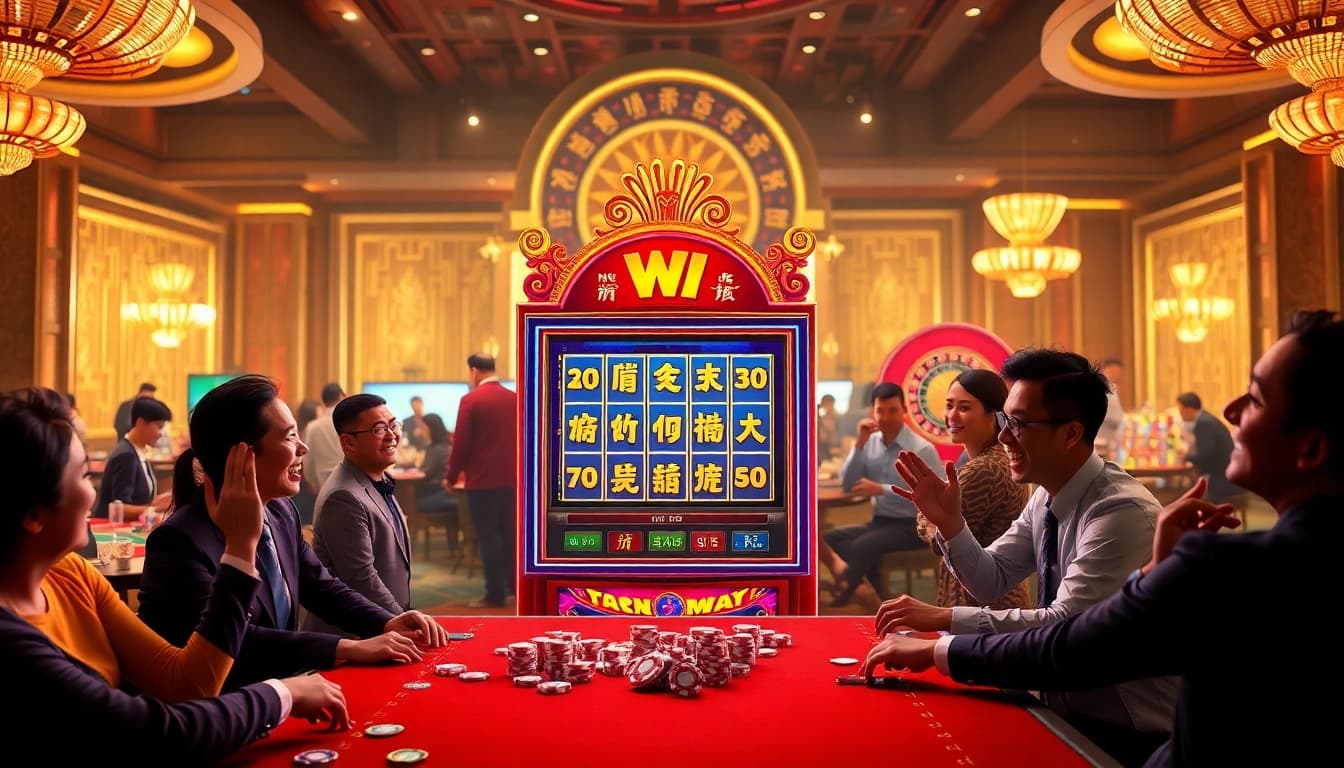 Nổ Hũ Đổi Thưởng slot machine attracting excited gamblers in a vibrant casino scene.