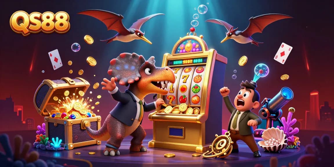 Watch as the QS88 jackpot slot machine pays out coins amid a chaotic dinosaur casino scene.