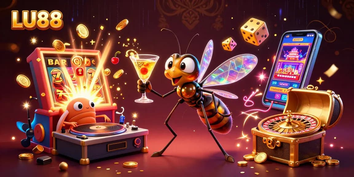 LU88 casino mascot awakens in a vibrant scene full of exciting casino elements.