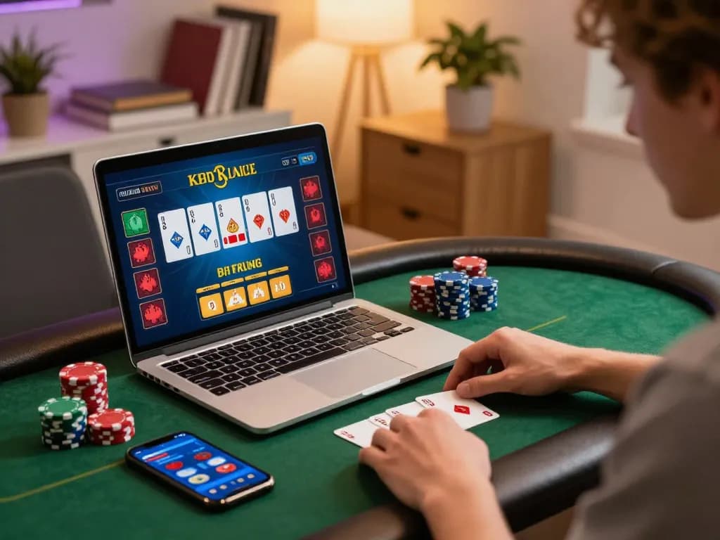 Player engaging in online poker at hitclub5br with vibrant room ambiance and gaming interface.
