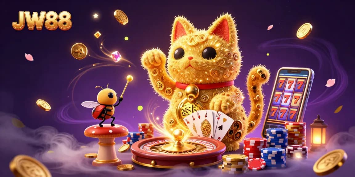 Experience thrilling luck at JW88 with vibrant golden fireflies, playful casino symbols, and dynamic game elements.